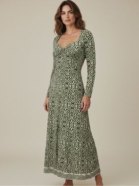 Zara Printed Modal Midi Dress with Sweetheart Neckline and Open Back